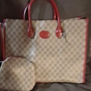 Designer Beige and Red Tote Bag